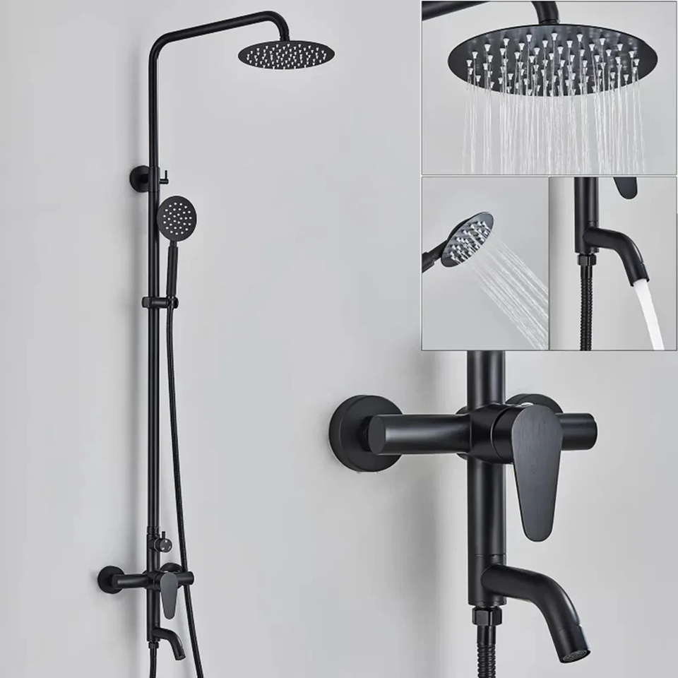 Barral Columna Ducha Acero Inox Redonda C/telefono Negro Mate Negro