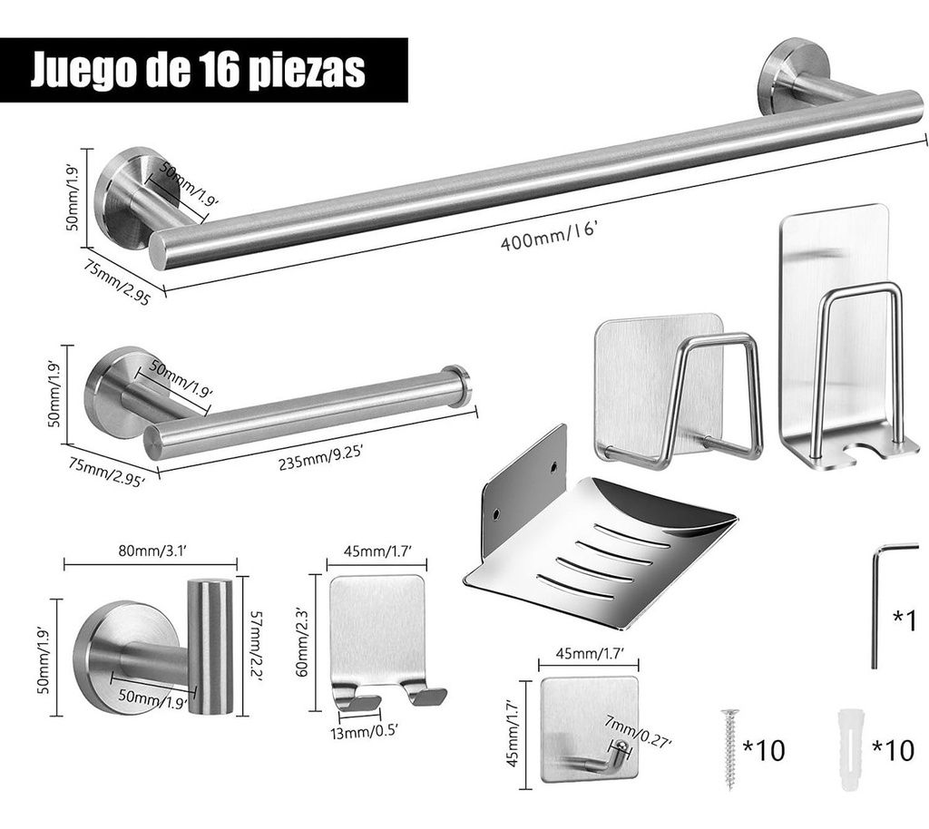 [2028126 NEGRO] Juego 16 Piezas Baño Cod.2018126 (Negro)